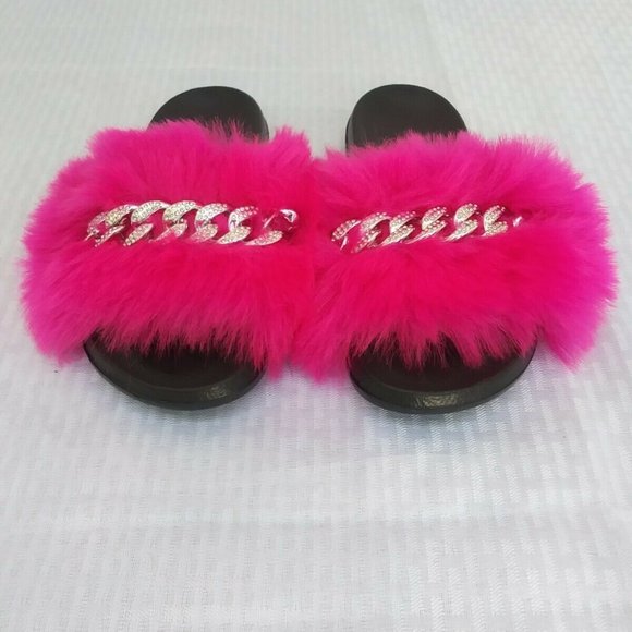 Fuchsia Faux Fur Slides/Slippers/With Chain - Picture 6 of 7